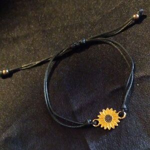 Sunflower Charm Black Cord Bracelet